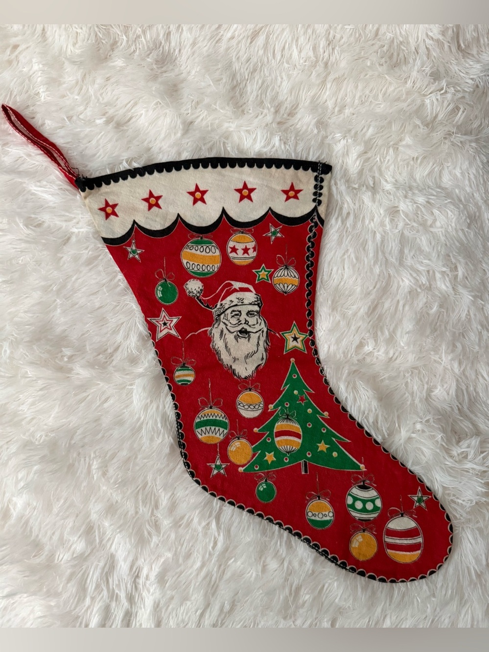 Mid Century Vintage Stocking 1950-60 Classic Printed Felt Merry Christmas Santa